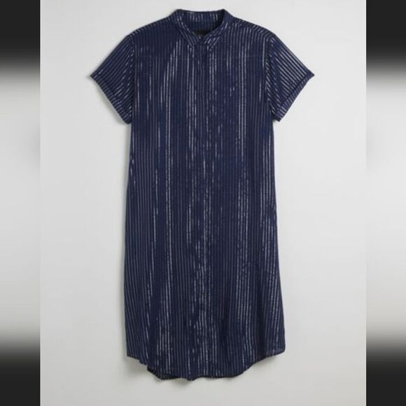 WILDFANG Navy Short sleeve button-down midi length pinstripe shirt dress Large - Picture 6 of 14
